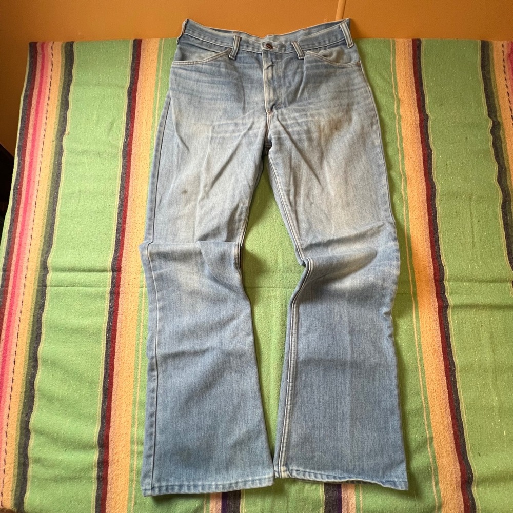 Vintage 1970s Maverick Flare Jeans Mens 32 Light Blue Talon 42 Zip Bell Bottoms